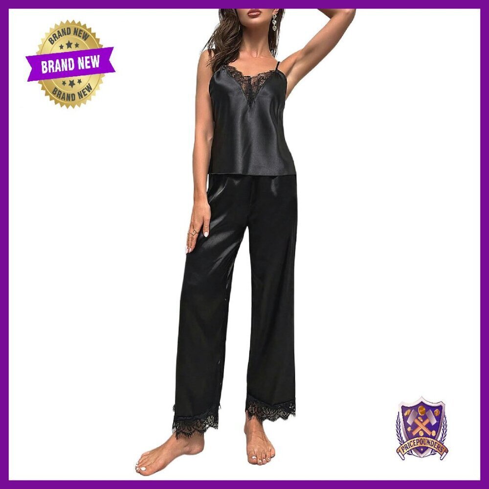 Silk Satin Lace Pajama Set Sleeveless Cami Pants Loungewear